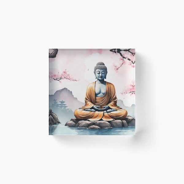 Item preview, Zen Buddha meditating under a sakura tree, peaceful background, ink and watercolor fusion, spiritual design designed and sold by Retram.