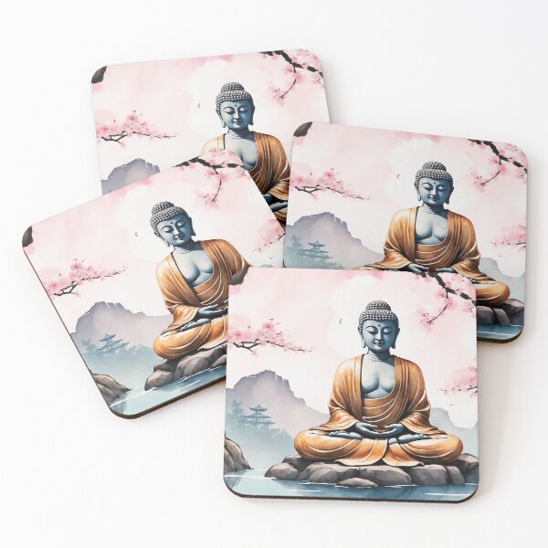 Item preview, Zen Buddha meditating under a sakura tree, peaceful background, ink and watercolor fusion, spiritual design designed and sold by Retram.
