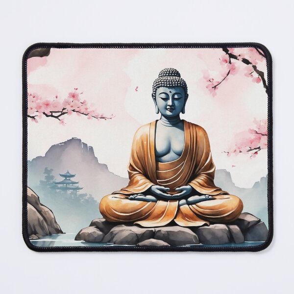 Item preview, Zen Buddha meditating under a sakura tree, peaceful background, ink and watercolor fusion, spiritual design designed and sold by Retram.