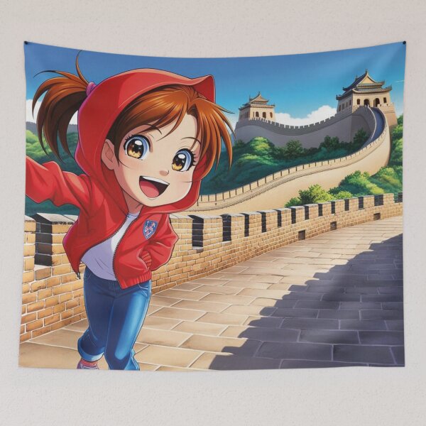 Artikelvorschau, Mädchen mit roter Kapuze auf der chinesischen Mauer entworfen und verkauft von MerlinWear.