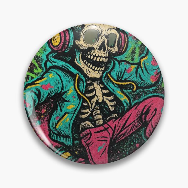 Artikelvorschau, Funky skeleton dancing with headphones, streetwear aesthetic, graffiti texture, neon splashes, comic-style line art entworfen und verkauft von Retram.