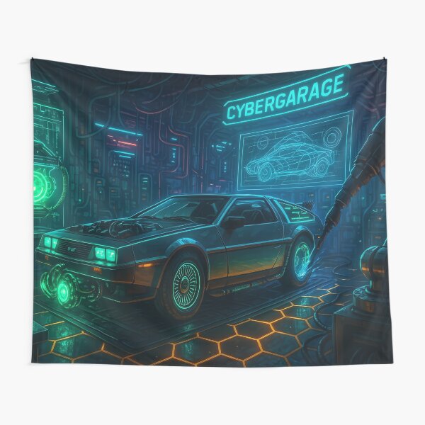 Artikel-Vorschau von CyberGarage | Futuristischer DeLorean in Neon-Sci-Fi-Werkstatt, designt und verkauft von Pop Garage.