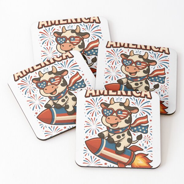Item preview, Patriotic Cow Cartoon on Rocket 4th of July USA Animal Art designed and sold by Imaginarium Design.