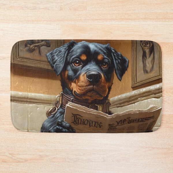 Item preview, Rottweiler Dog Reading Paper Serious Look Humorous Bathroom Portraits designed and sold by mildaclairmo.