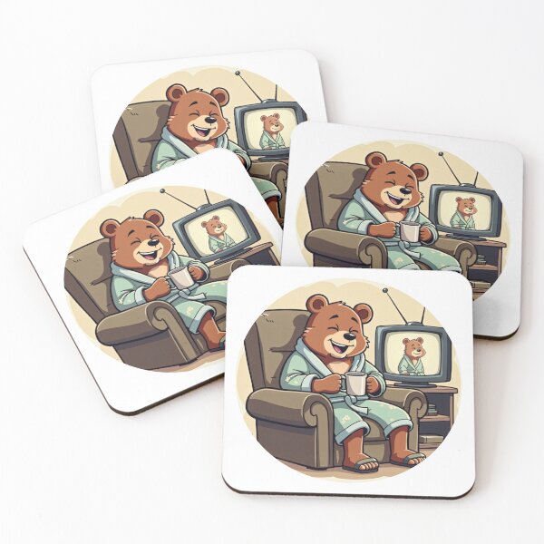 Item preview, Cartoon Bear Watching TV in Robe – Cozy Living Room Art designed and sold by ebocraft.