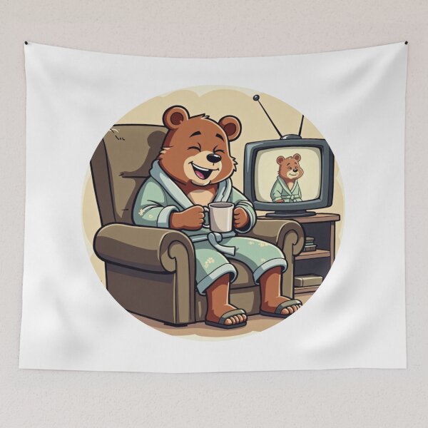 Item preview, Cartoon Bear Watching TV in Robe – Cozy Living Room Art designed and sold by ebocraft.