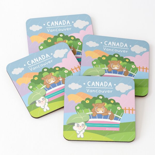 Item preview, Canada Travel Art Print – Cute Beaver & Rabbit in Rainy Vancouver BC Place designed and sold by BuBooArt.