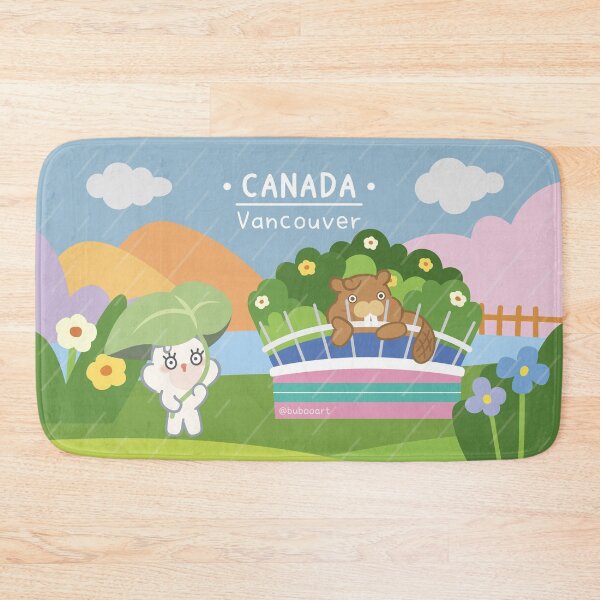 Item preview, Canada Travel Art Print – Cute Beaver & Rabbit in Rainy Vancouver BC Place designed and sold by BuBooArt.