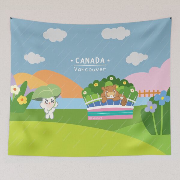 Item preview, Canada Travel Art Print – Cute Beaver & Rabbit in Rainy Vancouver BC Place designed and sold by BuBooArt.