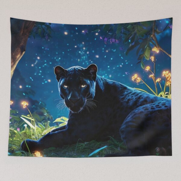Item preview, Arte de estilo Pixar de una pantera negra acostada en un bosque por la noche rodeada de flores brillantes. designed and sold by optimusprime39.