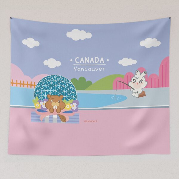 Item preview, Canada Travel Art Print – Vancouver Scenies World with Cute Cartoon Beaver & Rabbit designed and sold by BuBooArt.