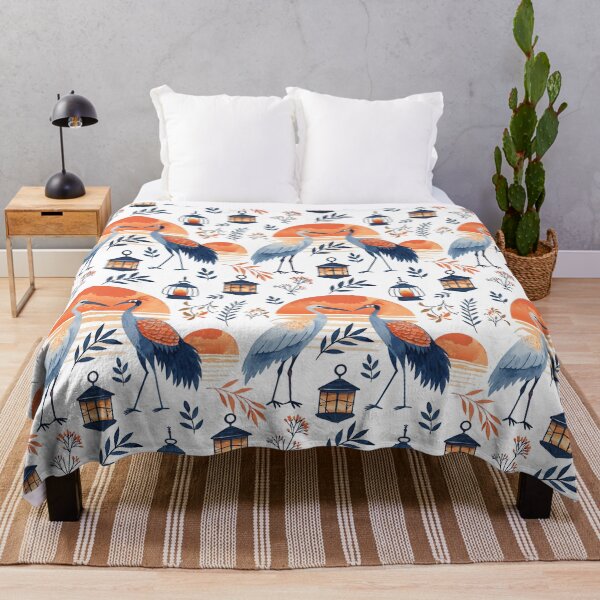 Item preview, Seamless Egret Bird Pattern with Sunset and Clouds, Elegant Bird Illustration Exotic Digital Print for Fabric, designed and sold by CreativebyTKK.