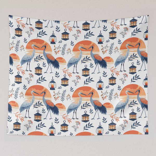 Item preview, Seamless Egret Bird Pattern with Sunset and Clouds, Elegant Bird Illustration Exotic Digital Print for Fabric, designed and sold by CreativebyTKK.