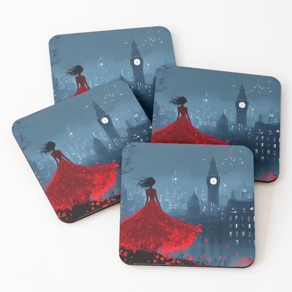 Item preview, Silhouette in Red Dress Against Urban Skyline designed and sold by Artessie.