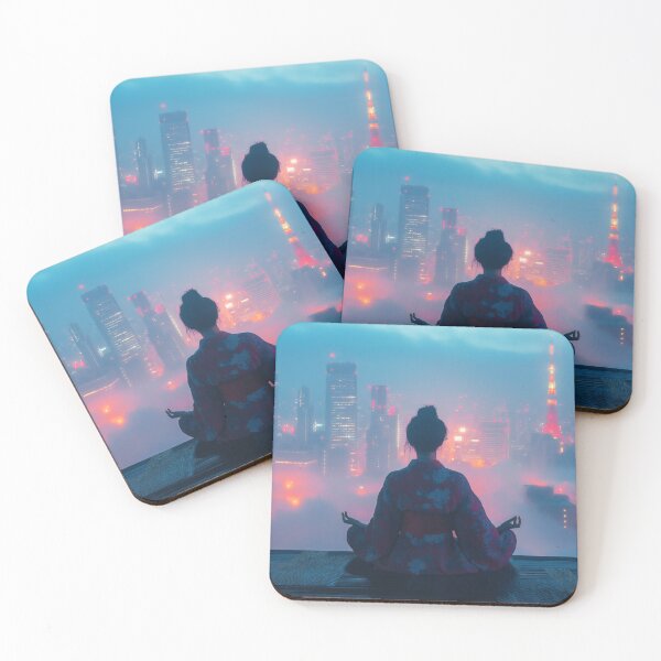 Item preview, Japanese woman in kimono meditating on rooftop at night art designed and sold by TheArtistOf2022.