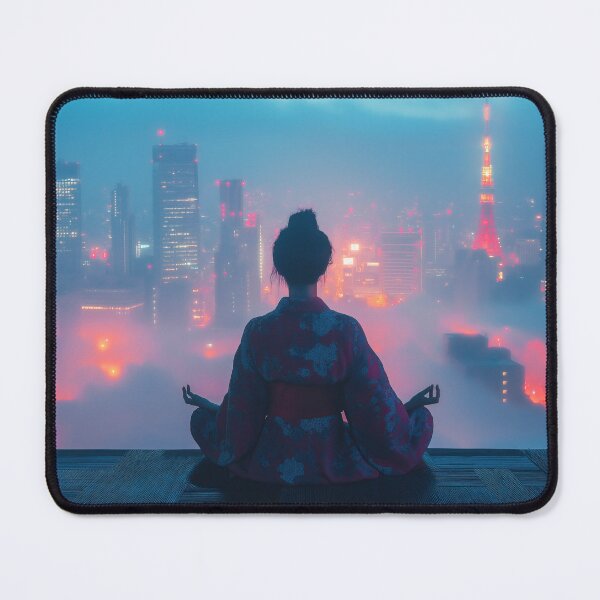 Item preview, Japanese woman in kimono meditating on rooftop at night art designed and sold by TheArtistOf2022.