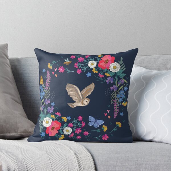 Owl and Wildflowers Throw Pillow