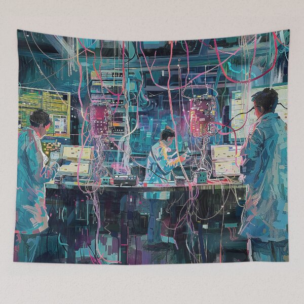 Item preview, scientists in lab coats meticulously collaborating on a cutting-edge quantum computer. designed and sold by CheerForGoods.