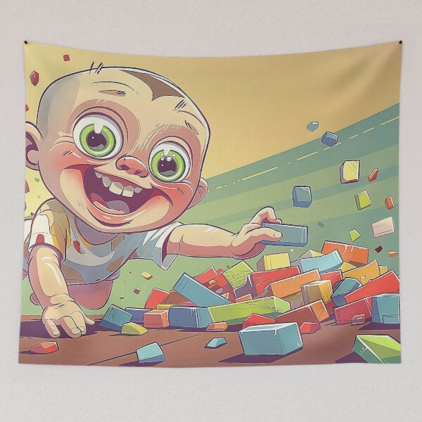 Item preview, cheerful cartoon baby crawling across a pile of vibrant designed and sold by CheerForGoods.