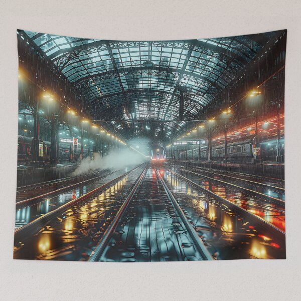 Item preview, train station at night exudes qualities, with rain pouring down designed and sold by CheerForGoods.