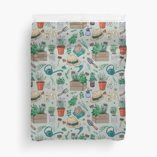 Herb Garden Pattern on Sage Green Duvet Cover