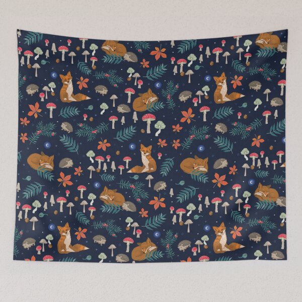Item preview, Hibernation woodland animals and toadstools on blue designed and sold by Angie Spurgeon.