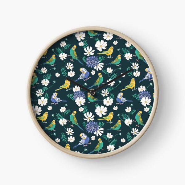 Budgies and Cosmos on dark green Clock