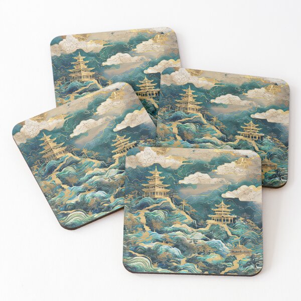 Item preview, Golden pagodas in flowing celestial mountain landscape designed and sold by Topmaxdesign.