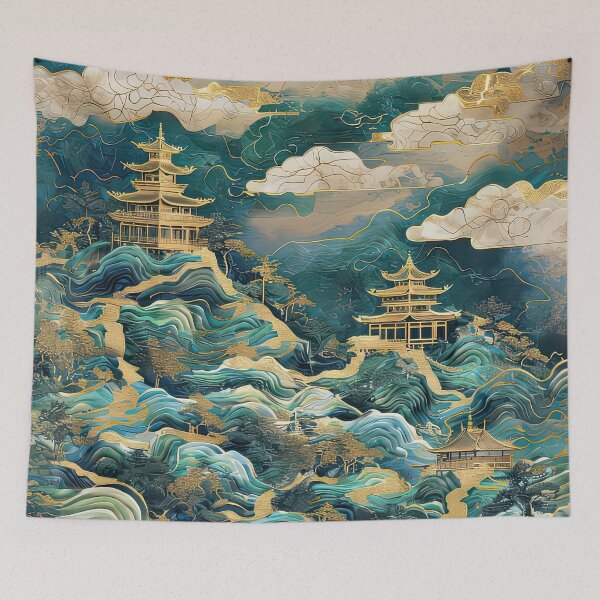Item preview, Golden pagodas in flowing celestial mountain landscape designed and sold by Topmaxdesign.