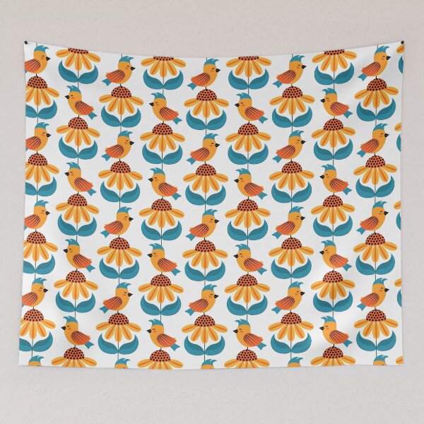 Item preview, cute parakeet and coneflowers happy summer yellow and teal all over pattern designed and sold by artgeige.