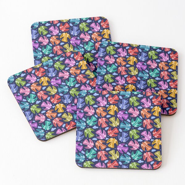 Item preview, flying folklore floral birds in the night sky in rainbow colors over midnight navy blue designed and sold by artgeige.