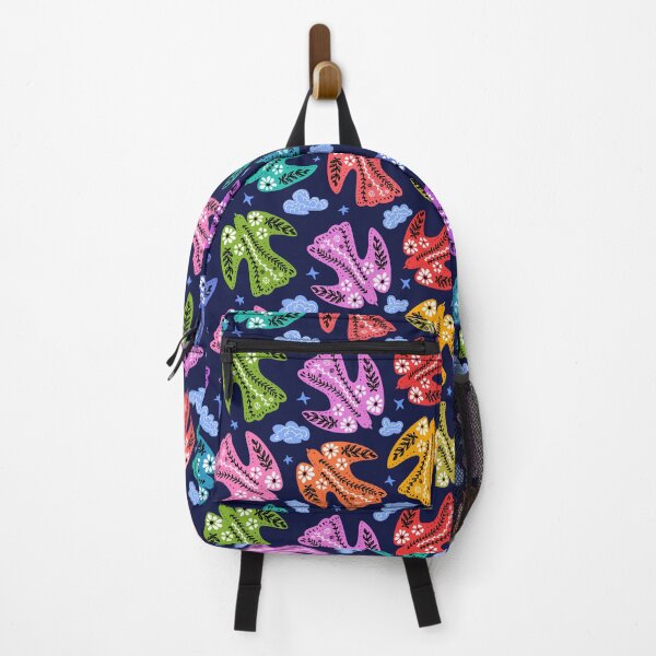 Item preview, flying folklore floral birds in the night sky in rainbow colors over midnight navy blue designed and sold by artgeige.