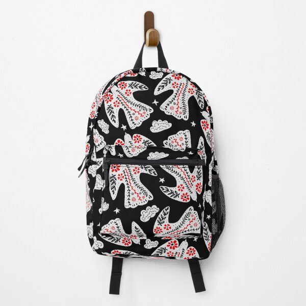 Item preview, flying folklore floral birds in the night sky in black white red colors designed and sold by artgeige.