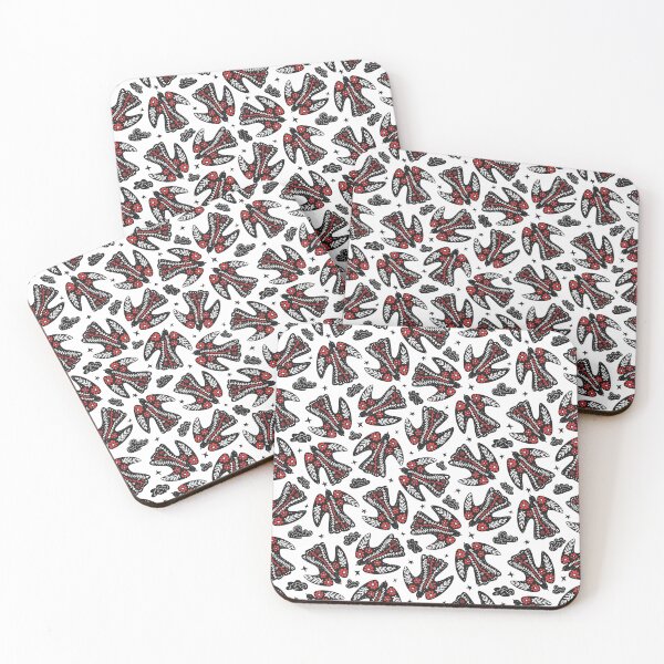 Item preview, flying folklore floral birds in the starry sky in black white red colors designed and sold by artgeige.