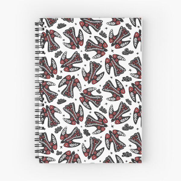 Item preview, flying folklore floral birds in the starry sky in black white red colors designed and sold by artgeige.