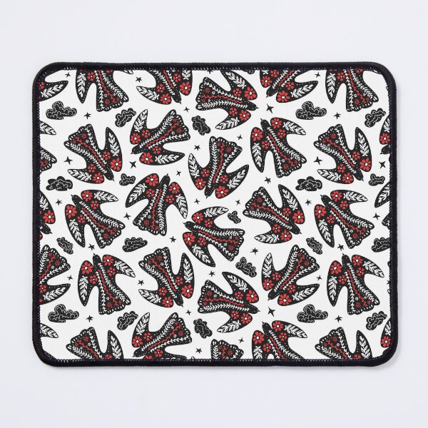 Item preview, flying folklore floral birds in the starry sky in black white red colors designed and sold by artgeige.