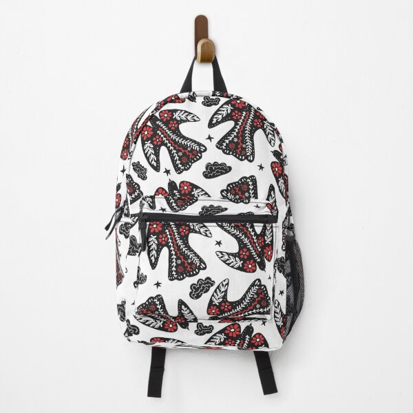 Item preview, flying folklore floral birds in the starry sky in black white red colors designed and sold by artgeige.