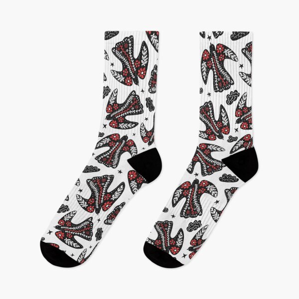 Item preview, flying folklore floral birds in the starry sky in black white red colors designed and sold by artgeige.