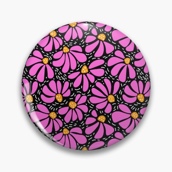 Item preview, happy vibrant modern funky wiggly coneflower blooms in pink yellow on black designed and sold by artgeige.