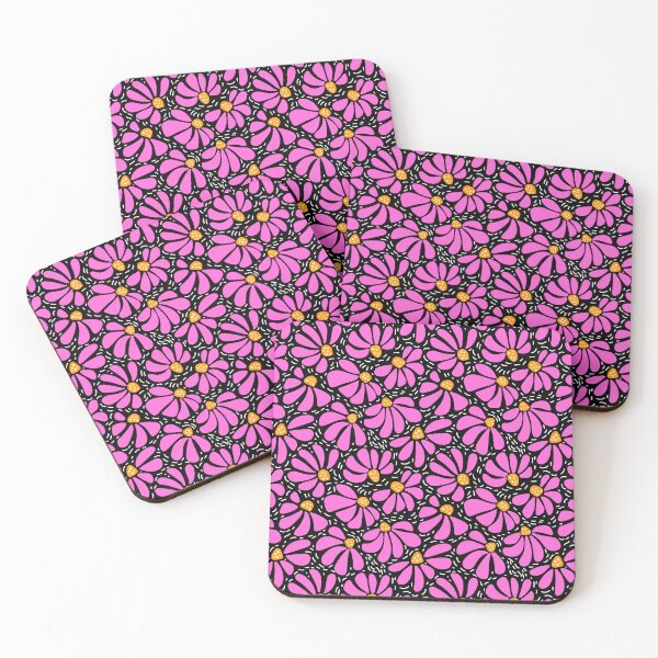 Item preview, happy vibrant modern funky wiggly coneflower blooms in pink yellow on black designed and sold by artgeige.