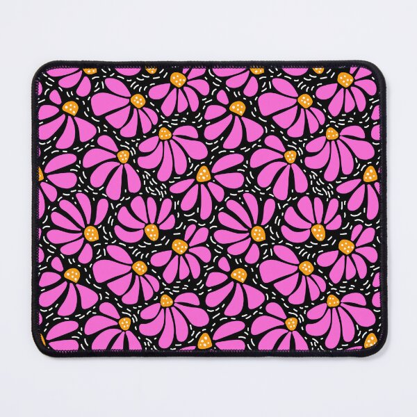 Item preview, happy vibrant modern funky wiggly coneflower blooms in pink yellow on black designed and sold by artgeige.