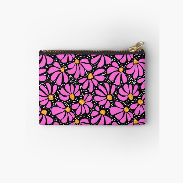 Item preview, happy vibrant modern funky wiggly coneflower blooms in pink yellow on black designed and sold by artgeige.