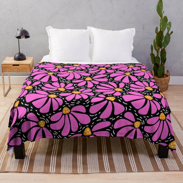 Item preview, happy vibrant modern funky wiggly coneflower blooms in pink yellow on black designed and sold by artgeige.