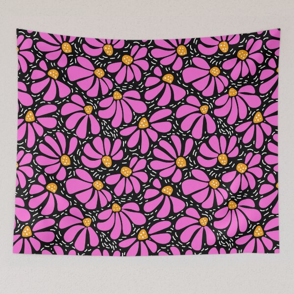 Item preview, happy vibrant modern funky wiggly coneflower blooms in pink yellow on black designed and sold by artgeige.