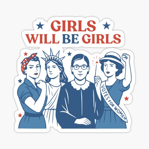Vista previa del artículo con la obra «Las niñas serán niñas, feministas patrióticas, el 4 de julio, mujeres estadounidenses fuertes», diseñado y vendido por Artifyo.