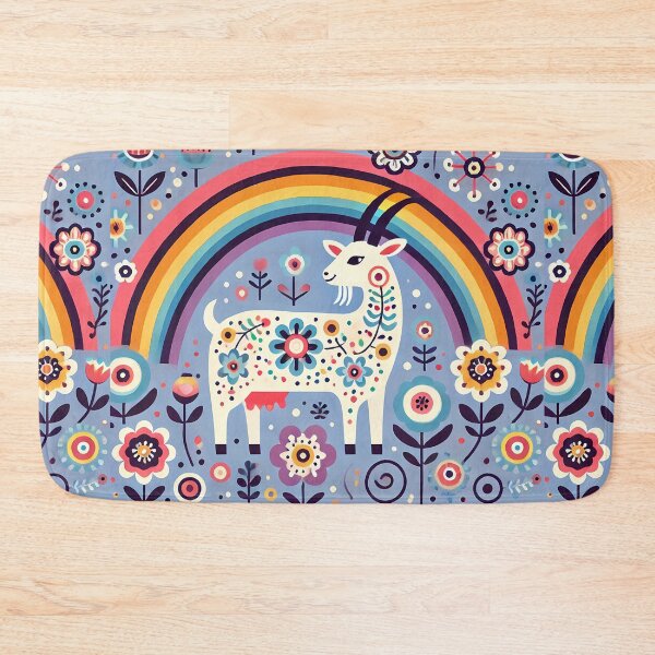 Item preview, Scandinavian Folk Art Cute Nanny Goat and Rainbow by heidiannemorris © designed and sold by FOLK ART FUSION by heidiannemorris.