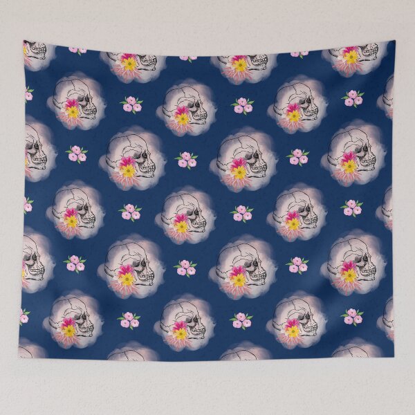 Item preview, Watercolor Skull and Flowers Seamless Pattern Navy Blue Background designed and sold by Vívian Creative Studio.