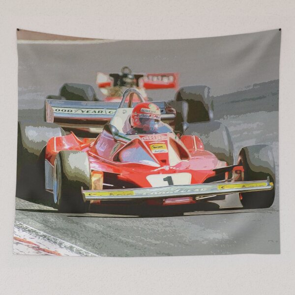 Item preview, Niki Lauda leading James Hunt during the 1976 Spanish Grand Prix watercolor designed and sold by Rodissimus1984.