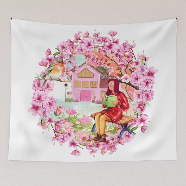 Item preview, Spring Blossom Reading Scene with Birds Chirping – Peaceful Nature Illustration designed and sold by PnrArtDesign.