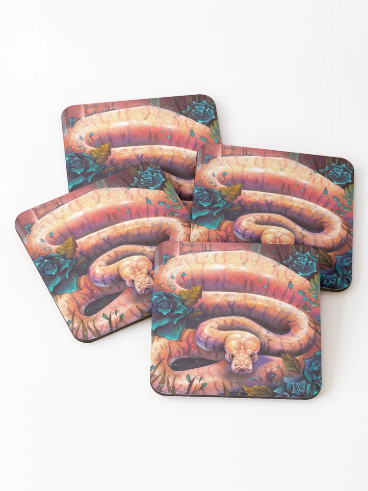 Thumbnail 1 of 5, Coasters (Set of 4), Beautiful Ball Python Snake with Roses designed and sold by CassWArt.
